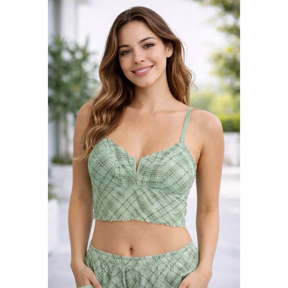 Victoria's Secret Pink Plaid Lace Bralette Women Sage Green L - C017